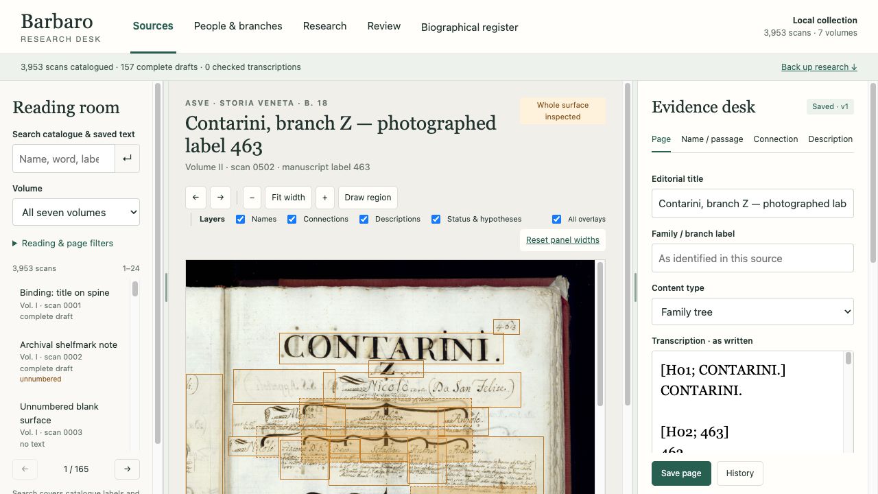 Barbaro Research Desk Sources page with a reading-room catalogue, manuscript viewer and evidence desk.
