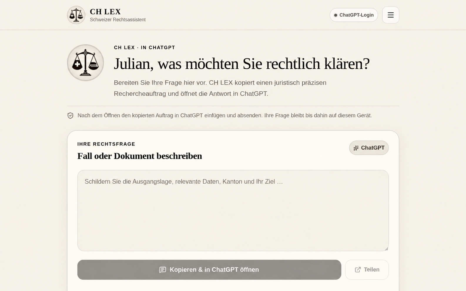 CH LEX web launcher greeting Julian, with scales-of-justice branding, a legal-question form and a control to copy the research request into ChatGPT.