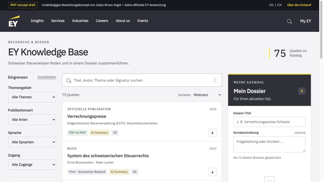 EY Knowledge Base MVP concept with catalogue filters, researched publications and an empty personal dossier panel.
