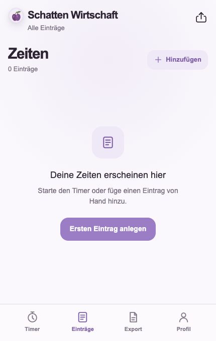 Schattenwirtschaft Einträge view in an empty local preview, showing zero entries and a control to add the first entry.