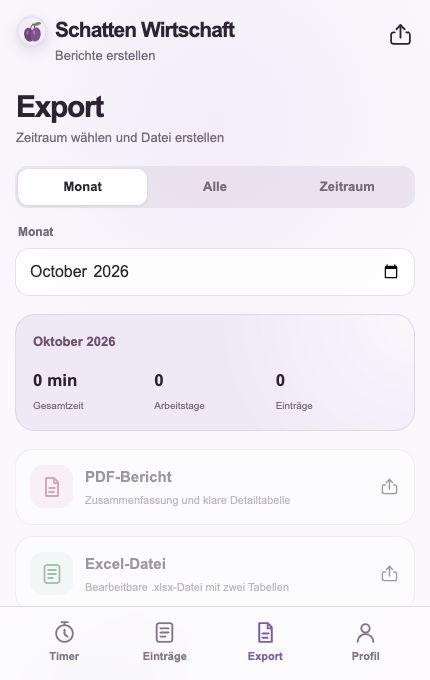 Schattenwirtschaft Export view in an empty local preview, with date-range controls and PDF and Excel report options.