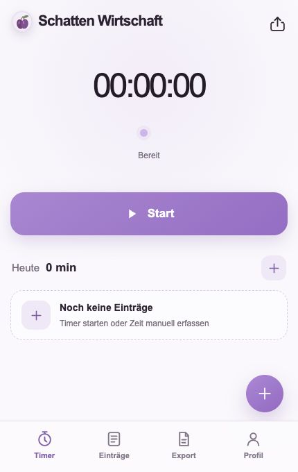 Schattenwirtschaft Timer view in an empty local preview, with start and manual-entry controls.